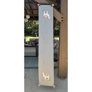 EUC Embroidered Llama and Floral Gray Dining Table Runner With Pom Poms